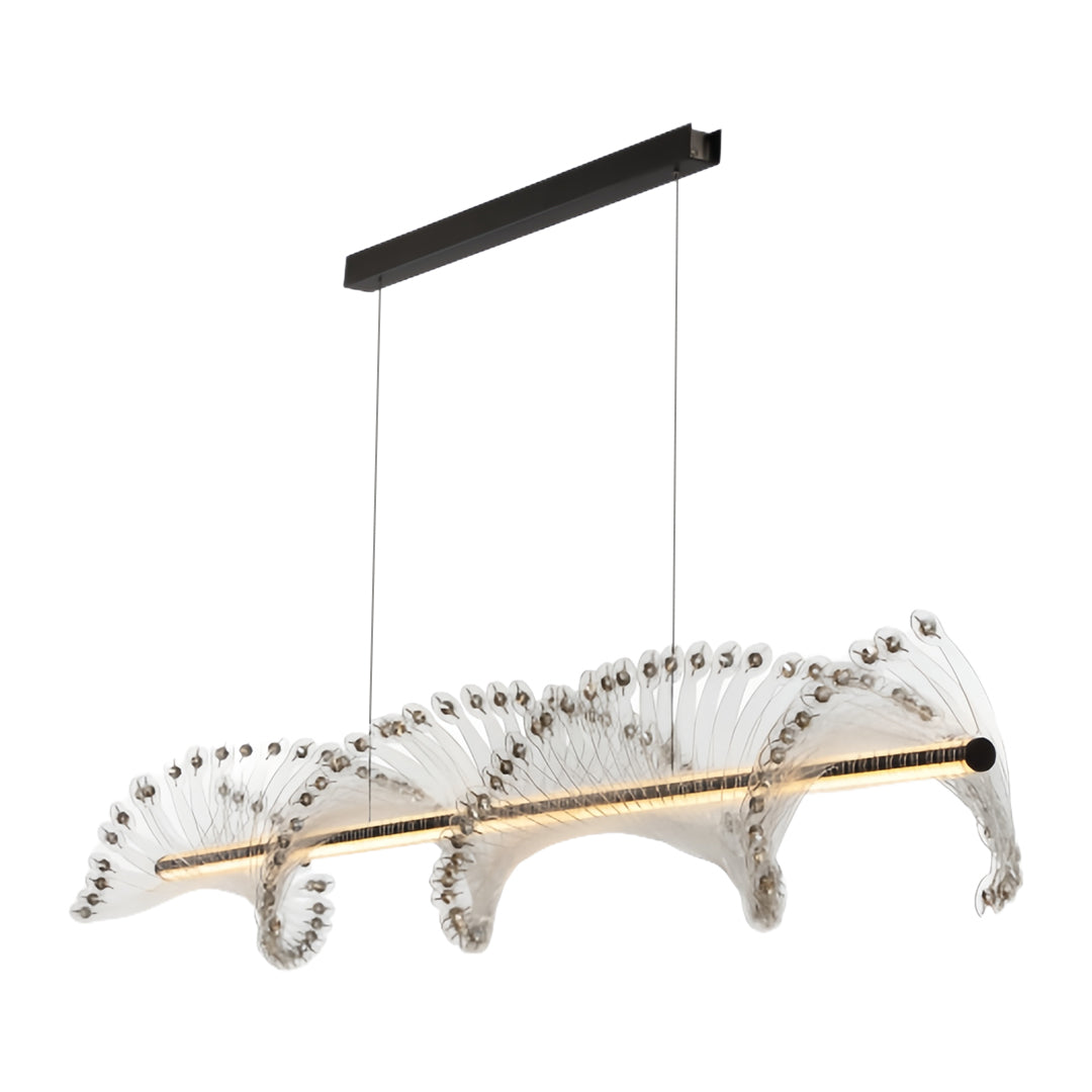 Contemporary spiral chandelier showcasing elegant curved form with hanging crystal accents and minimalist aesthetic