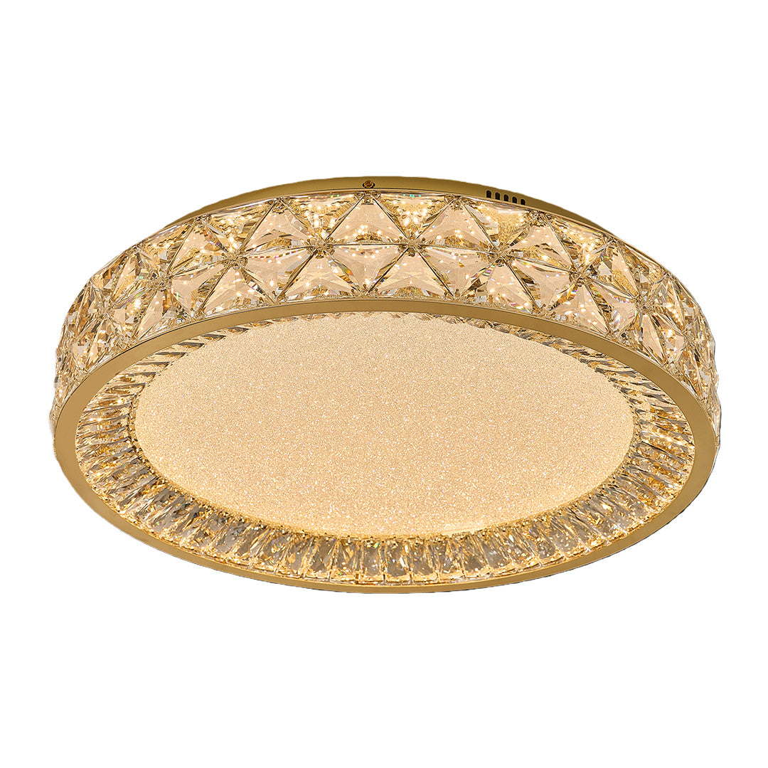 Elegant decorative flush mount ceiling lights featuring glass shade chandelier design in large circular form with intricate crystal border pattern.