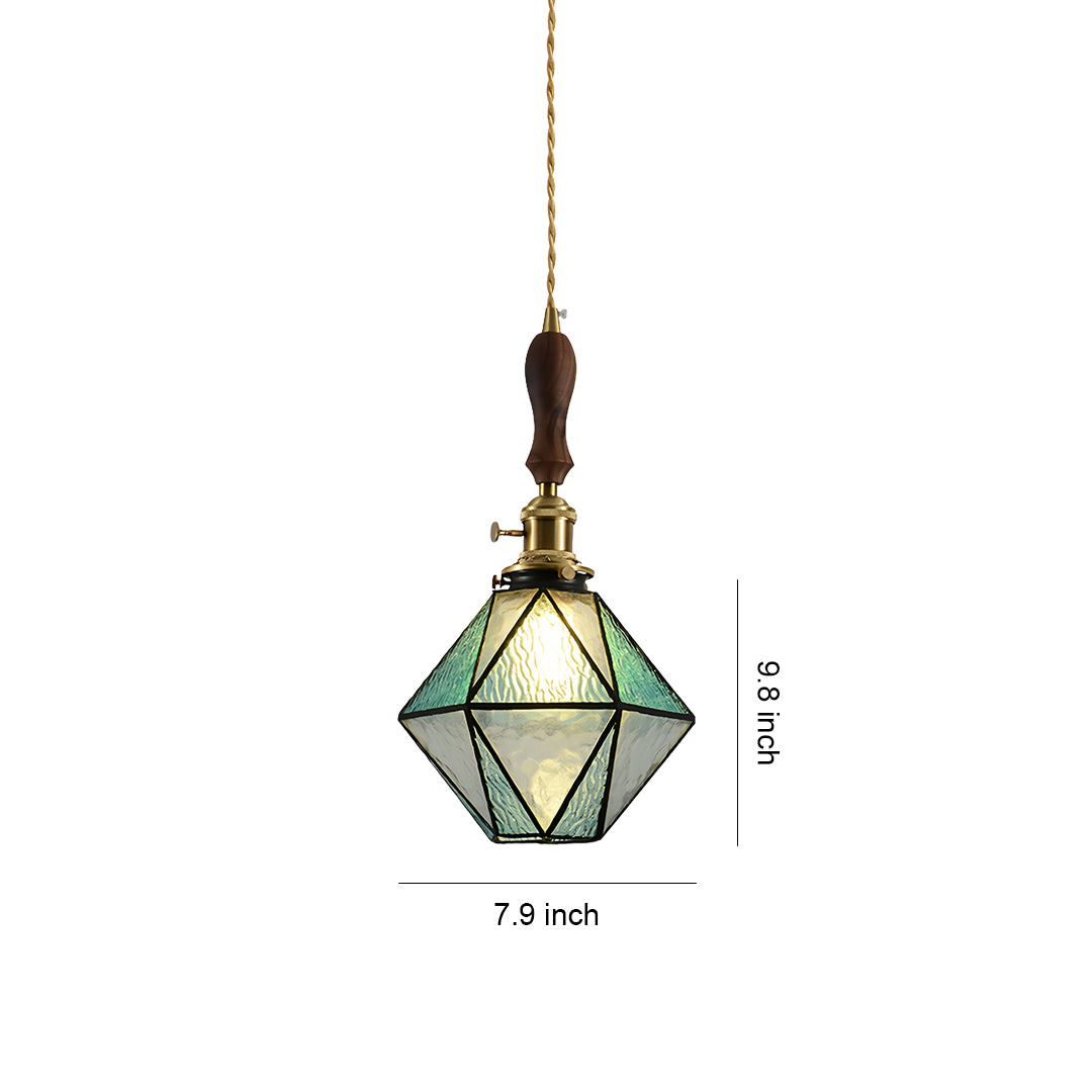 Elegant diamond-shaped pendant light with green glass panels and brass framework for geometric contemporary lighting