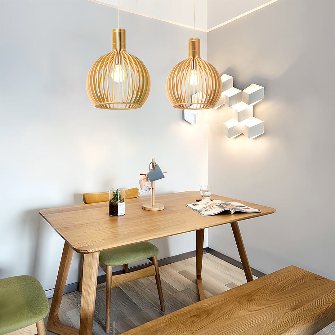 Elegant dining area featuring wooden bird cage pendant light, stylish and rustic ambiance