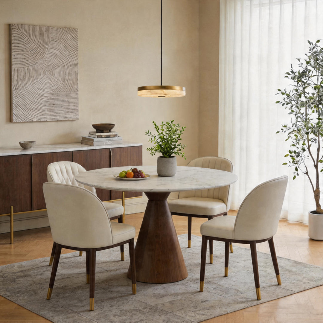 Elegant disc pendant light hanging above a white marble dining table with four elegant chairs.