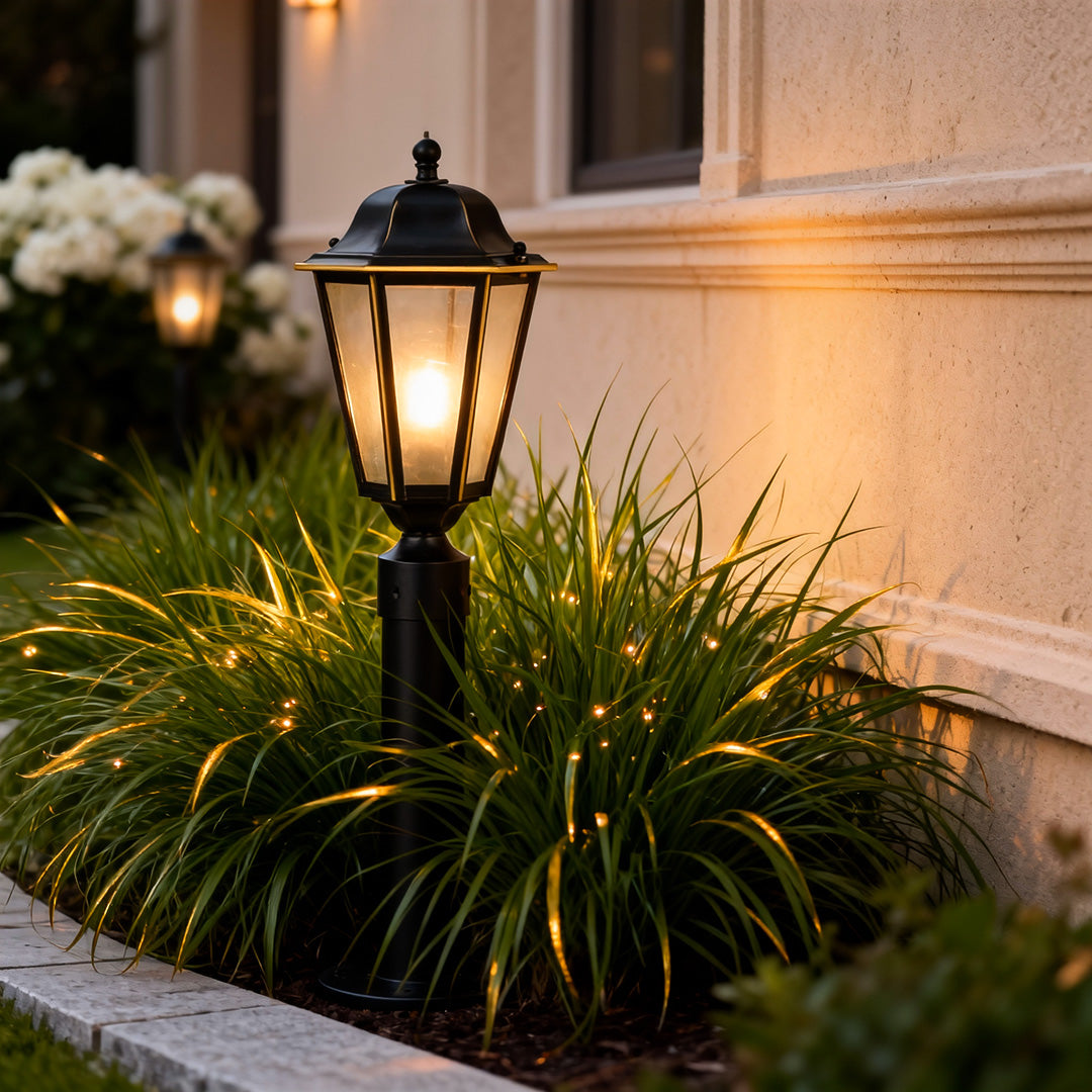 Elegant exterior path lighting illuminating a lush garden path, adding charm to the outdoor landscape.