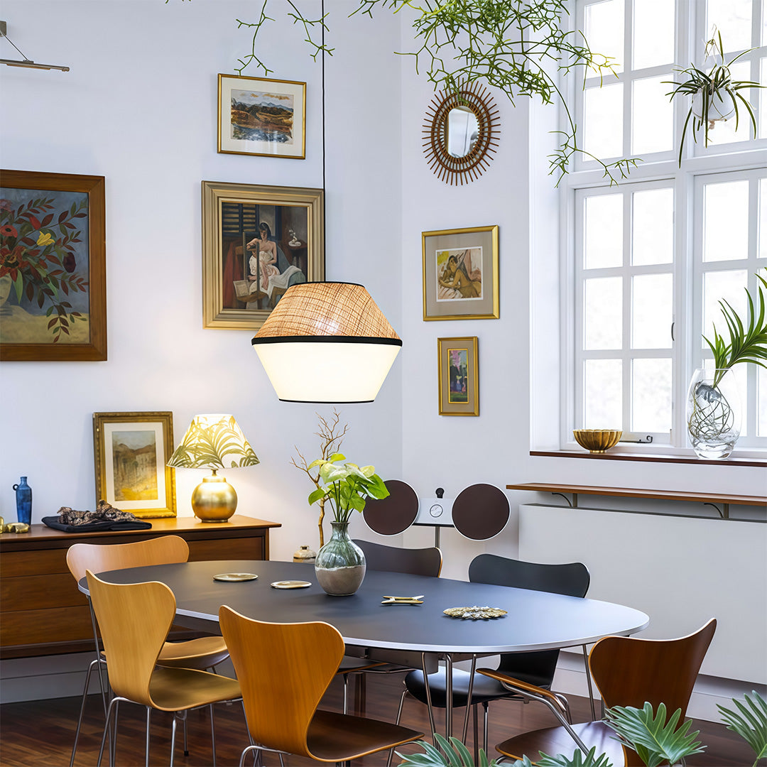 Elegant fabric pendant lights above a dining room table, offering both function and style to the space.