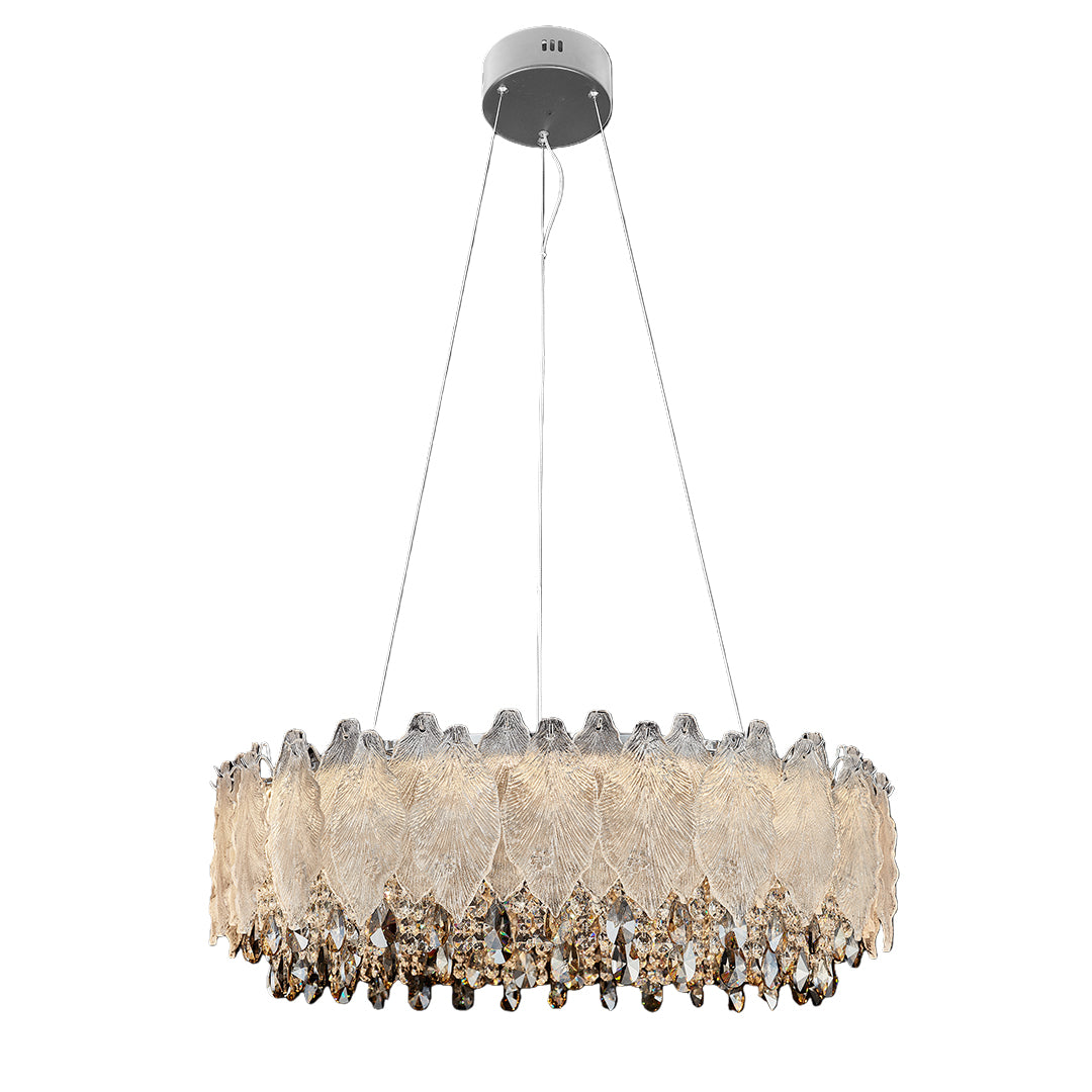 Elegant farmhouse country French chandelier featuring gold finish and crystal leaves.