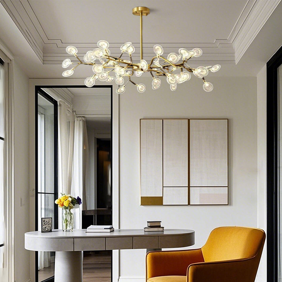 Elegant firefly pendant light in open dining area interior.