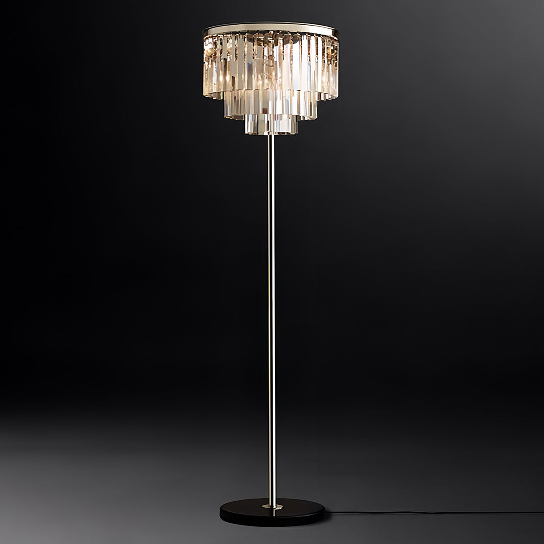 Elegant floor crystal lamp with black stand, sophisticated lighting against a dark background