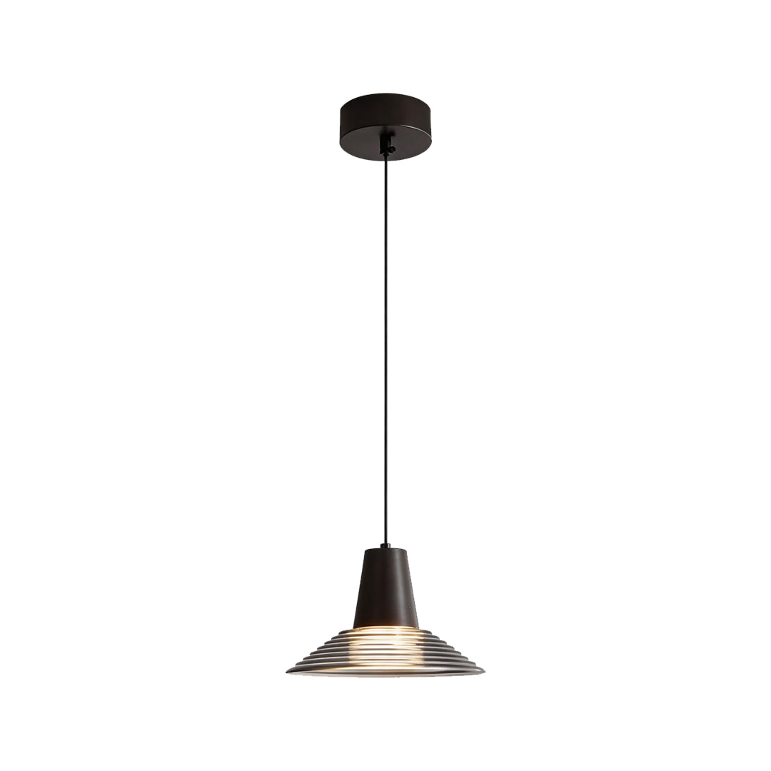 Elegant glass cone pendant light fixture with black finish and ribbed shade on white background