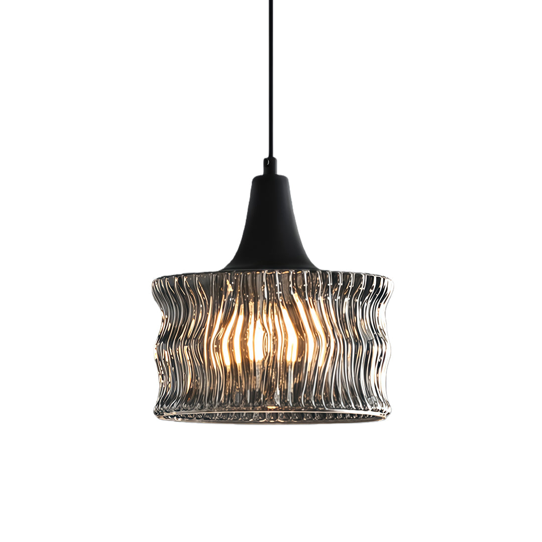 Elegant glass drum pendant light with a black metal frame, providing a sophisticated lighting solution.