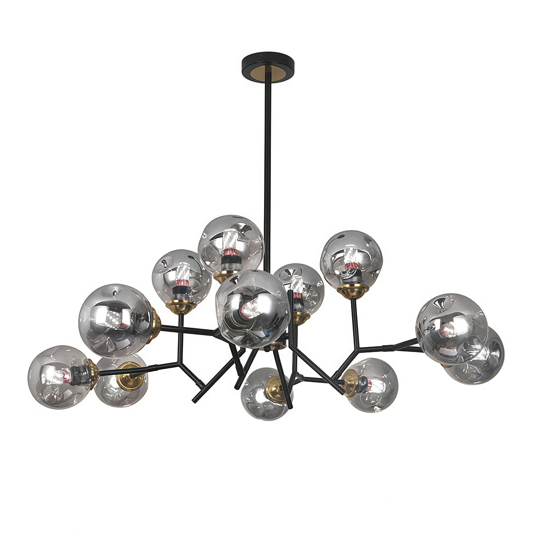Elegant glass globe chandelier with numerous glass globes and a black metal frame, perfect for contemporary interiors.