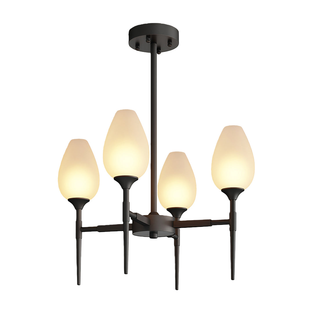 Elegant glass modern chandelier featuring glass shade chandelier design in matte black with sculptural arms and teardrop shades.