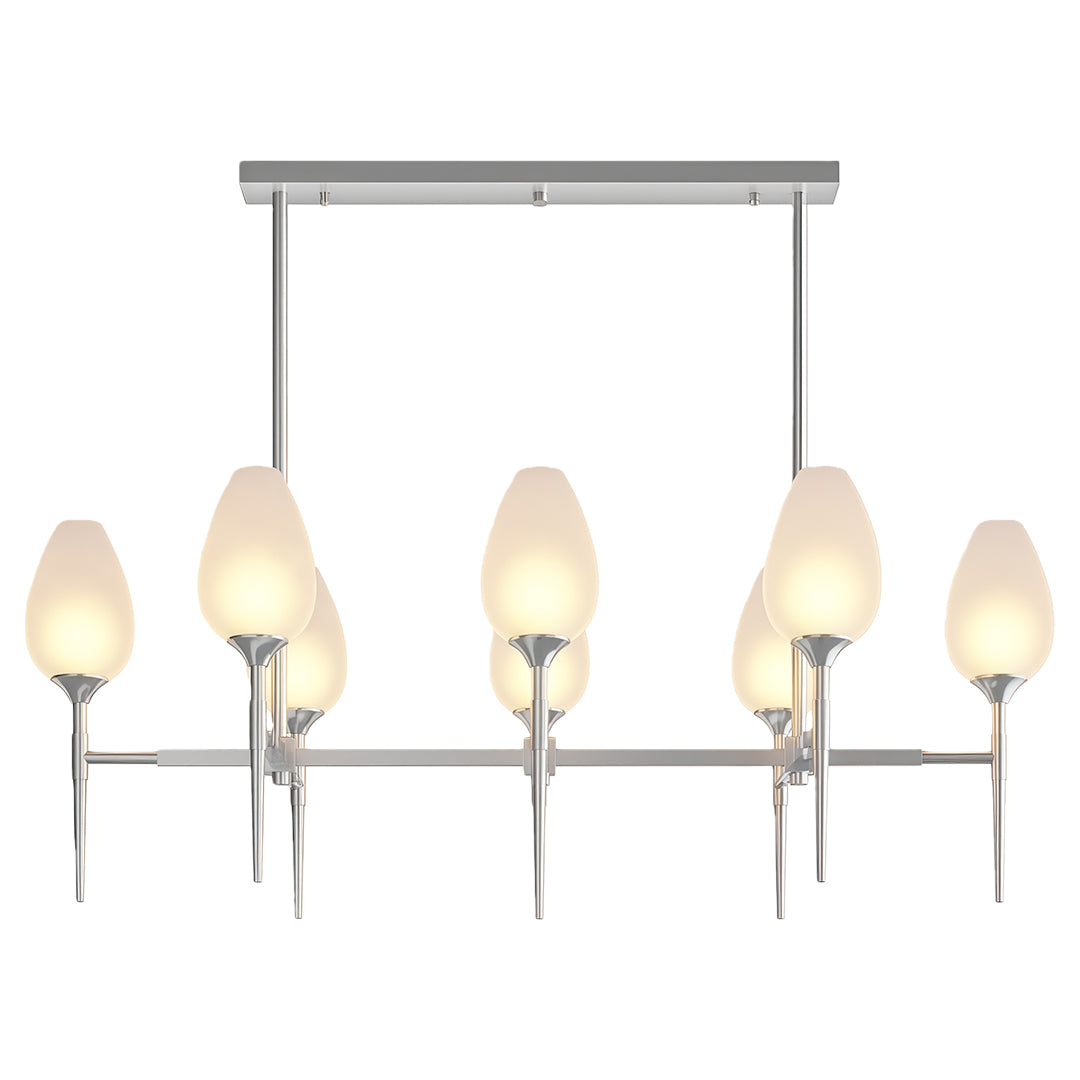 Elegant glass modern chandelier featuring glass shade chandelier styling in polished nickel with rectangular canopy design.