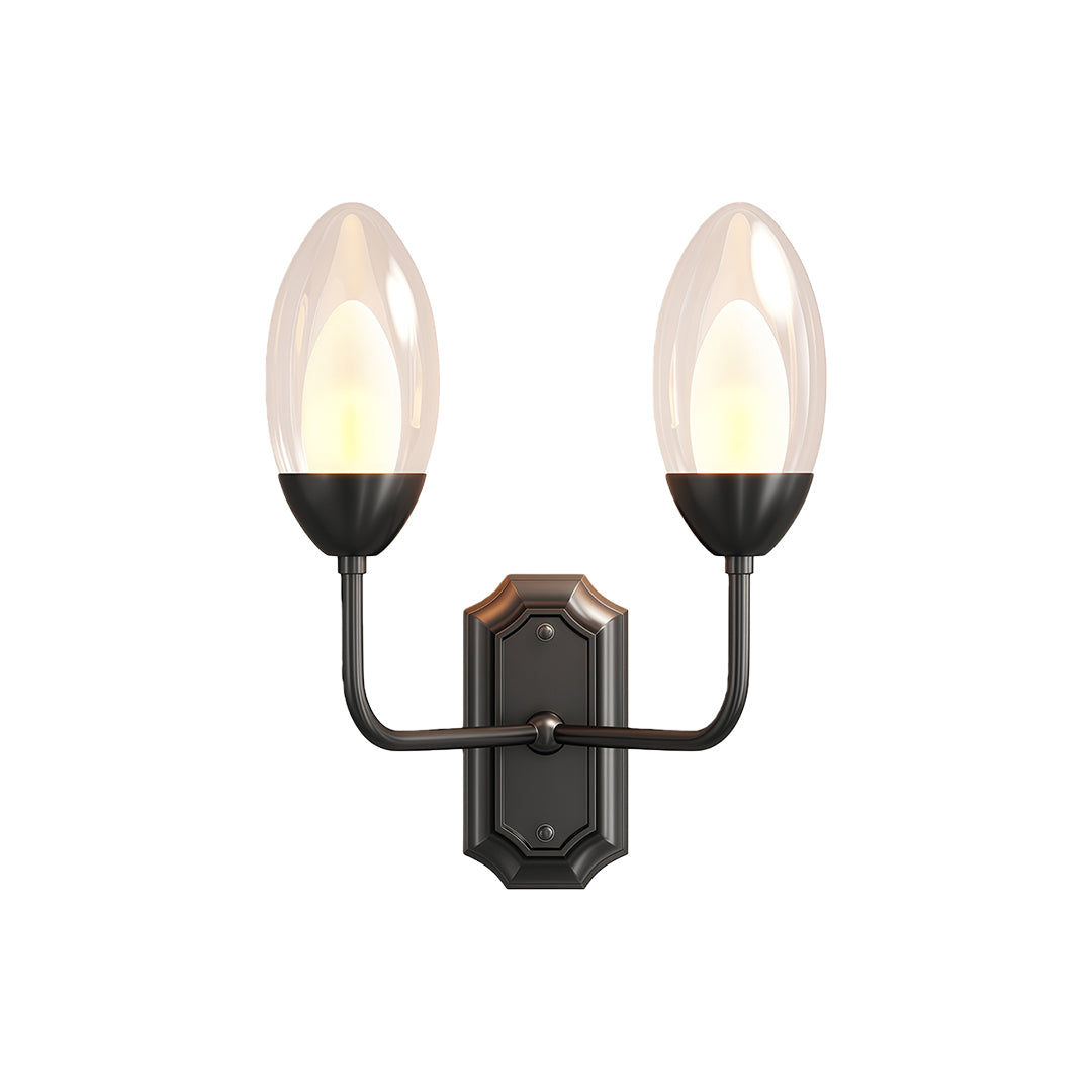 Elegant glass wall light featuring glass shade chandelier design in matte black with traditional twin-light configuration.