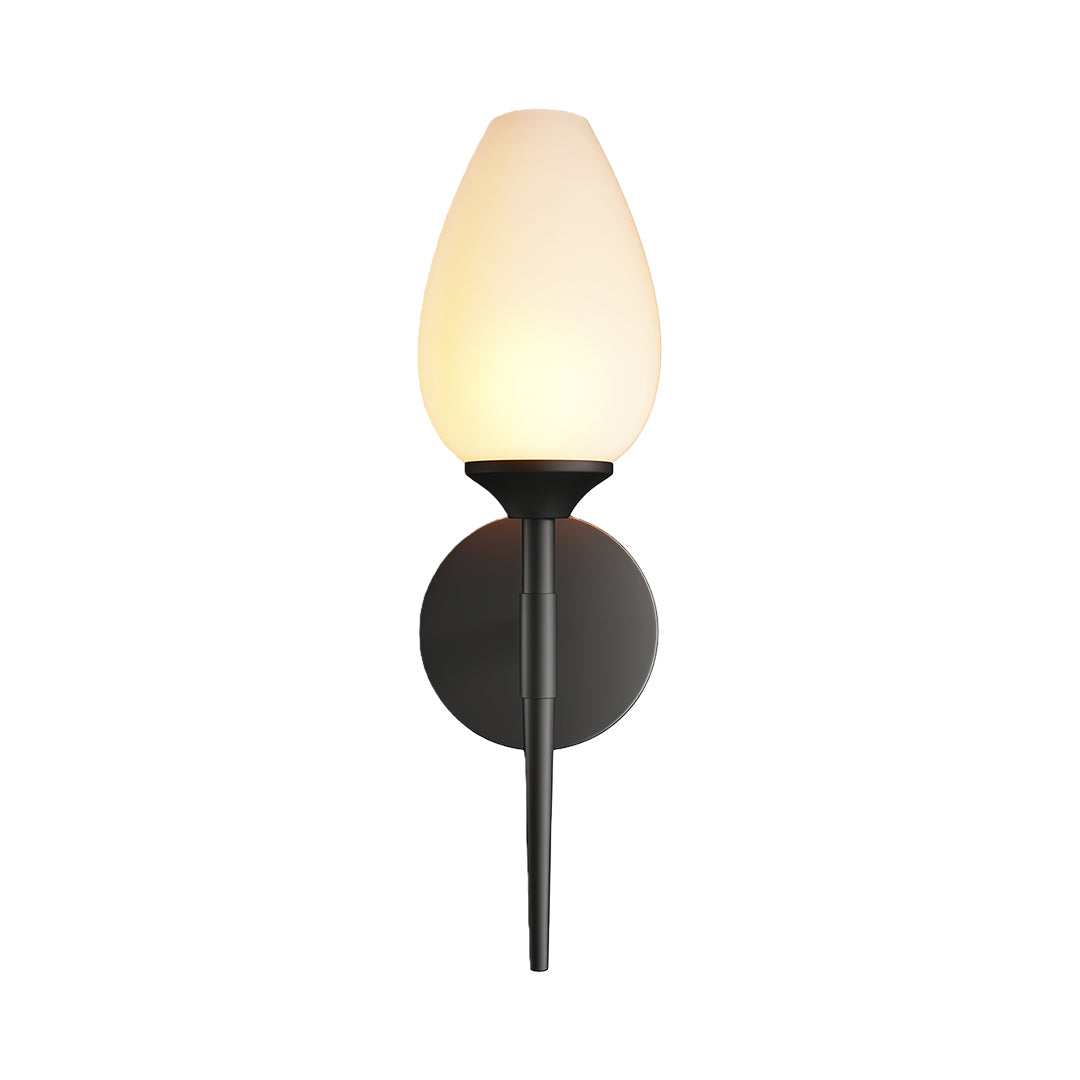 Elegant glass wall lights featuring glass shade chandelier design in matte black with sculptural frosted glass flame silhouette.