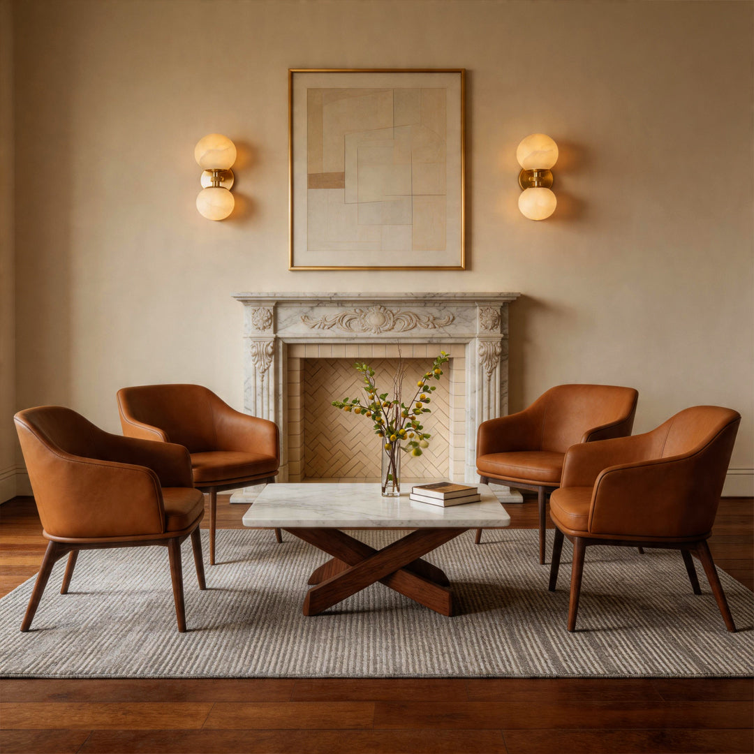 Elegant globe wall lights flanking artwork above a marble fireplace in a luxury sitting room.