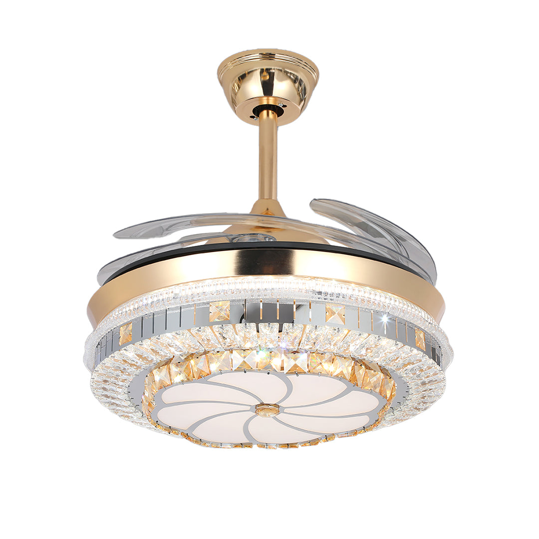 Elegant gold ceiling fan with light and detailed crystal shade, 18.8 inch wide 