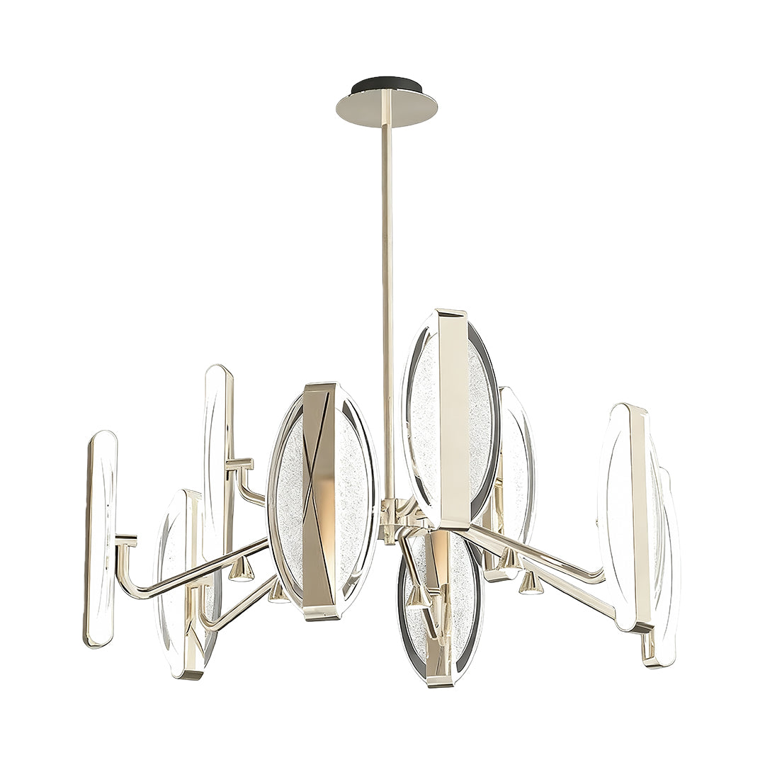 Elegant gold chandelier modern showcasing organic curved design with vertical crystal glass panels and chains