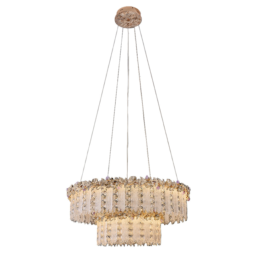 Gold crystal chandelier with elegant round frame and cascading crystal drops.