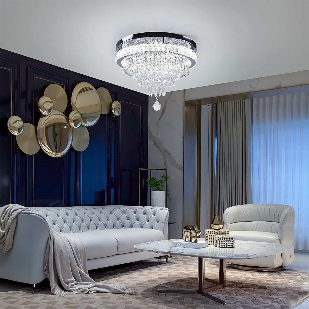 Elegant gold flush mount light in luxury bedroom with navy accents and sophisticated contemporary styling