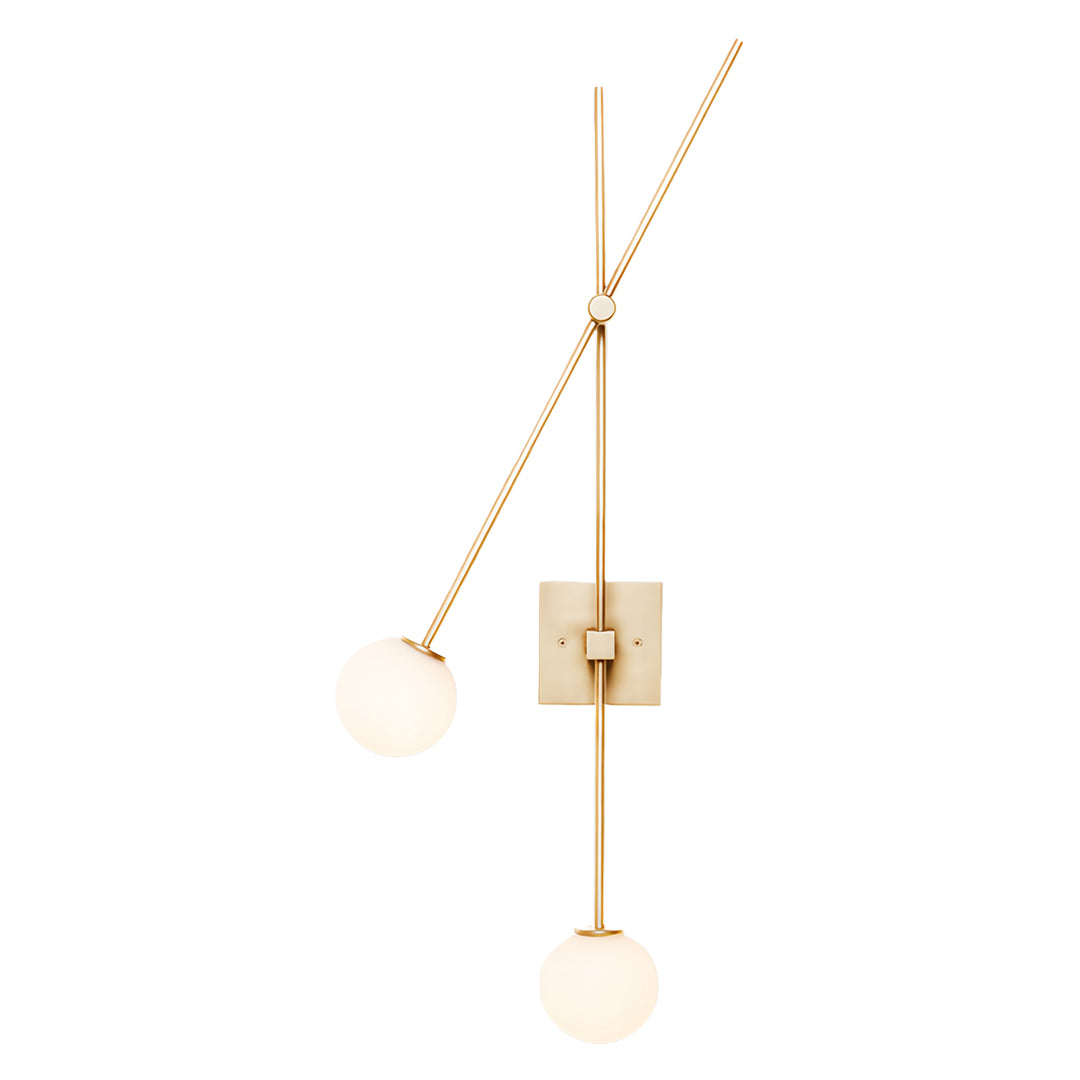 Elegant gold linear wall light with dual adjustable arms and white spherical bulbs