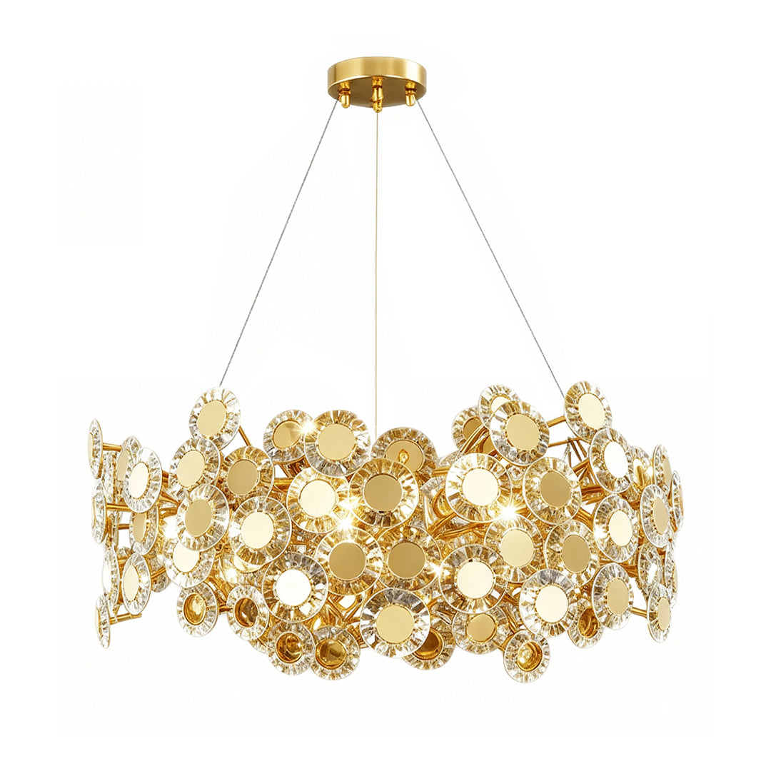 Elegant gold modern chandelier displaying circular form with intricate flower crystal detailing in brass finish