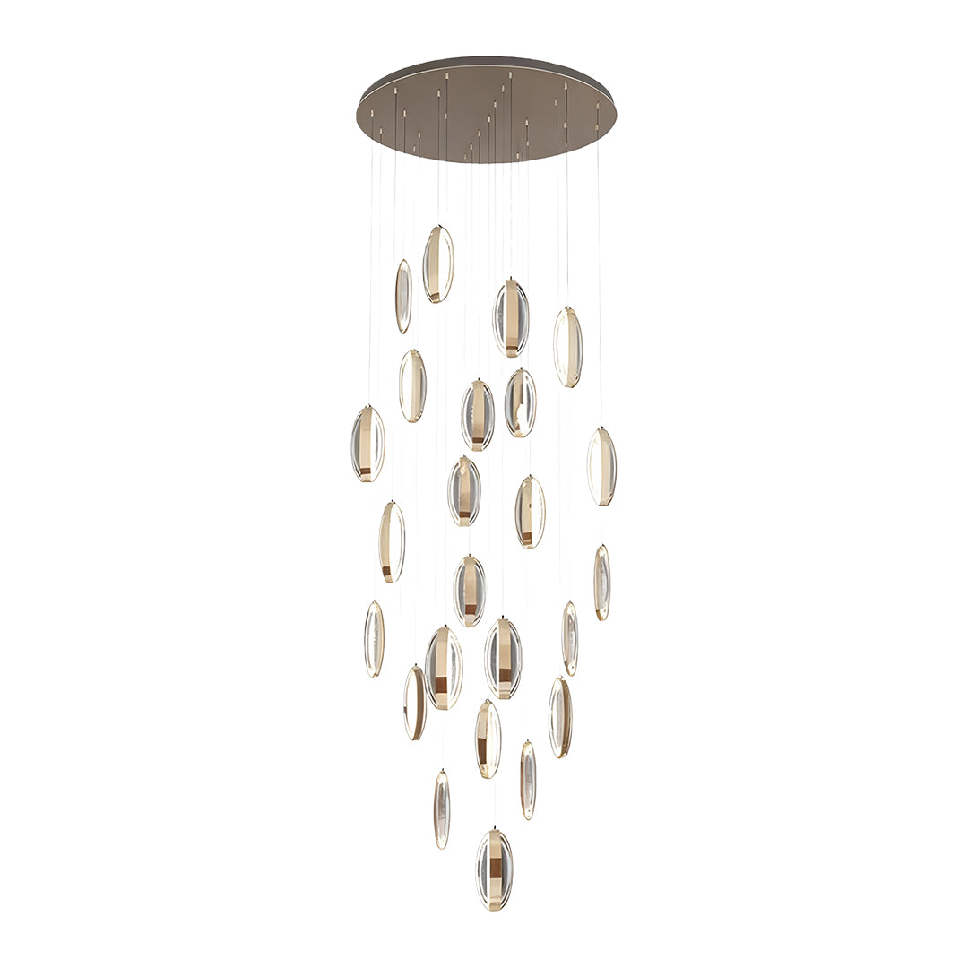 Elegant gold modern chandelier with circular canopy and multiple crystal glass pendants in waterfall design