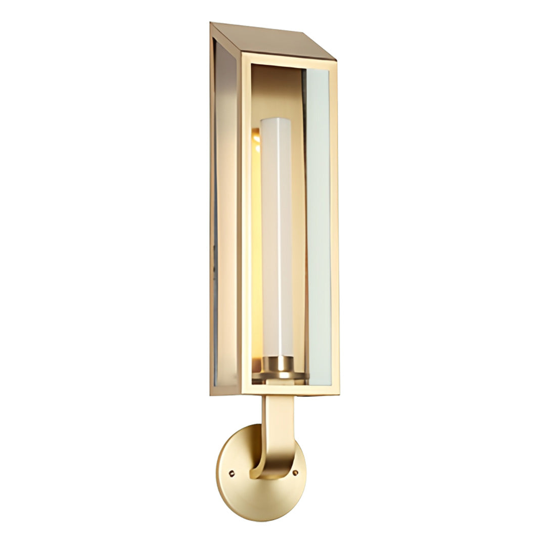 Elegant gold outdoor wall mount light fixture featuring clear glass housing and warm vertical illumination.