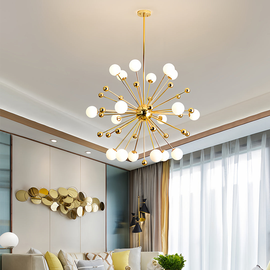 Elegant gold sputnik chandelier with multiple arms and glass bulbs in a chic interior