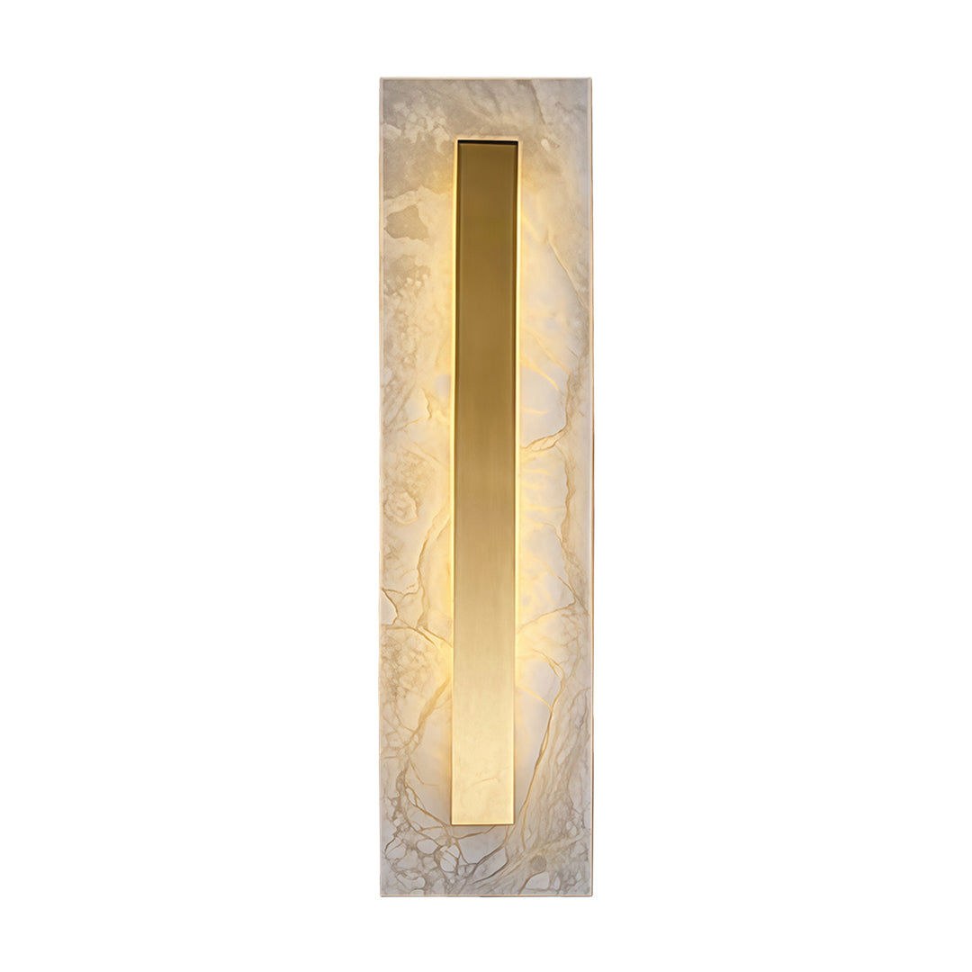 Elegant gold wall light featuring glass shade chandelier design in rectangular vertical form with frosted diffuser and gold accents.