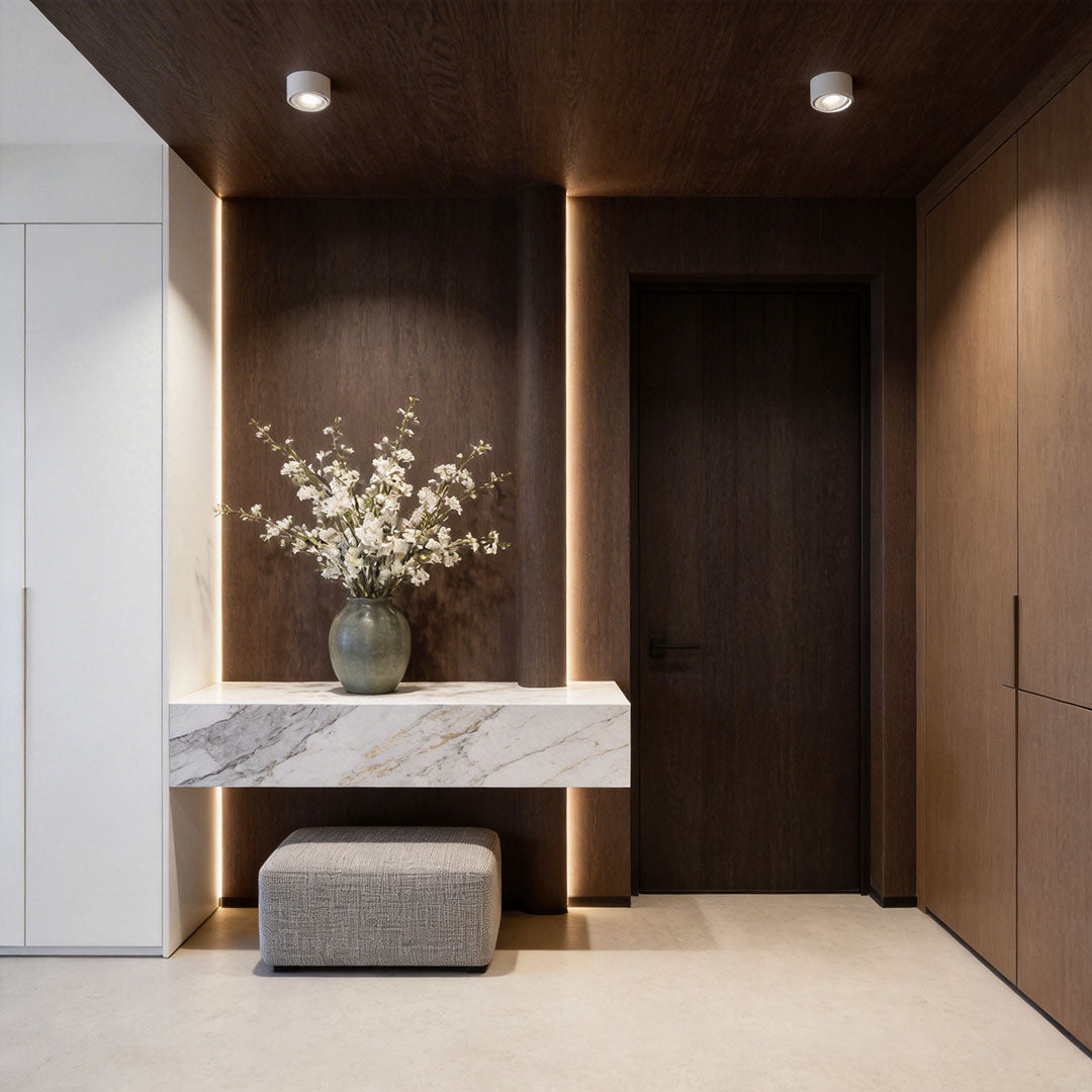 Elegant hallway with ceiling spotlights providing ambient lighting.