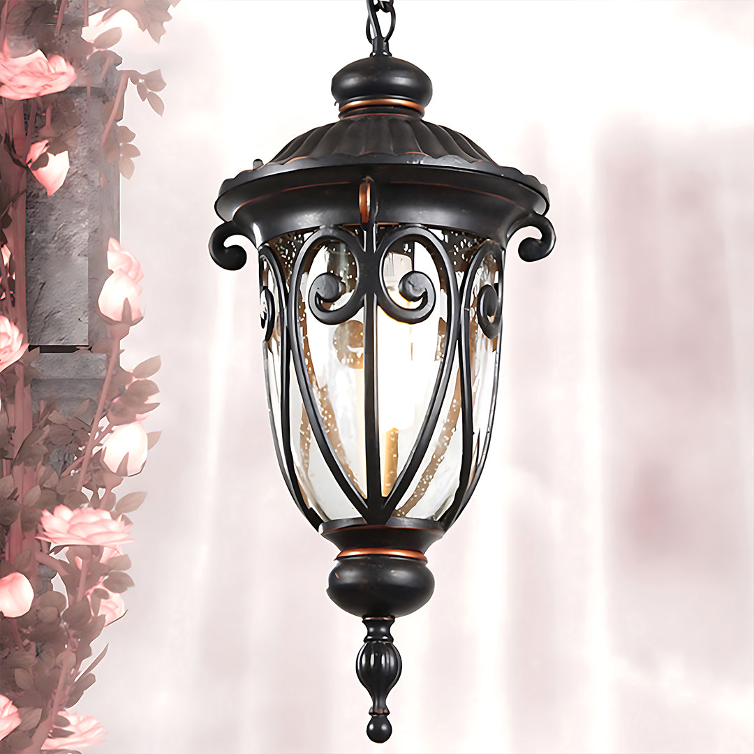 Elegant hanging lantern with decorative ironwork against soft blurred background