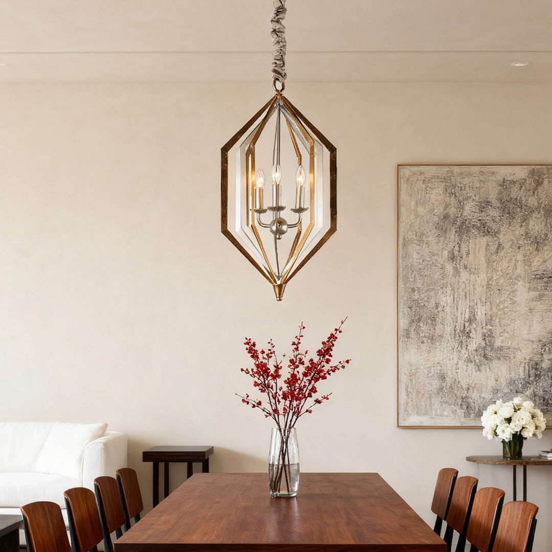 Elegant transitional brown pendant lights with a honeycomb frame and antique brass finish, illuminating a long wood dining table.