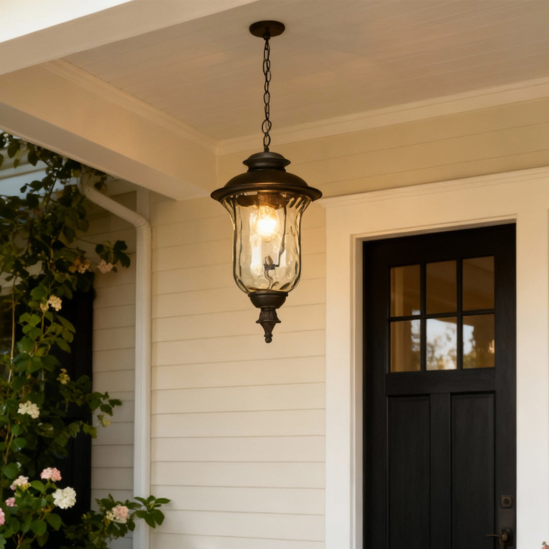 Elegant industrial metal pendant light suspended from beige ceiling near black door entrance