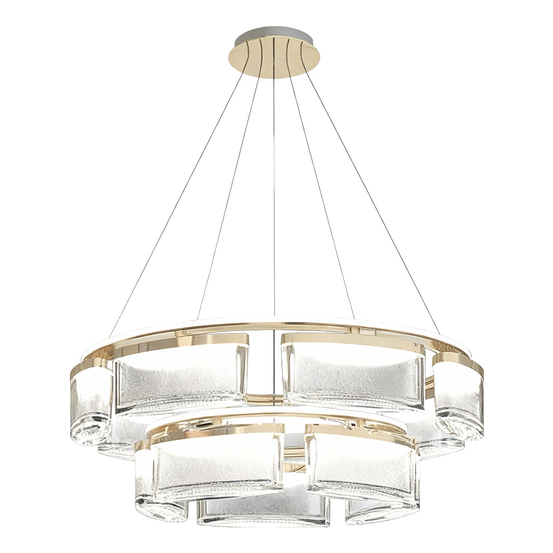 Elegant kitchen island chandelier modern displaying single-tier circular design with textured glass panels and gold hardware