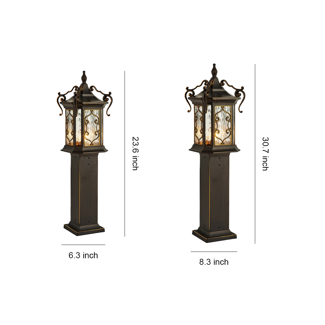 Elegant landscape post lights with bronze lantern design and clear glass panels for outdoor gardens.