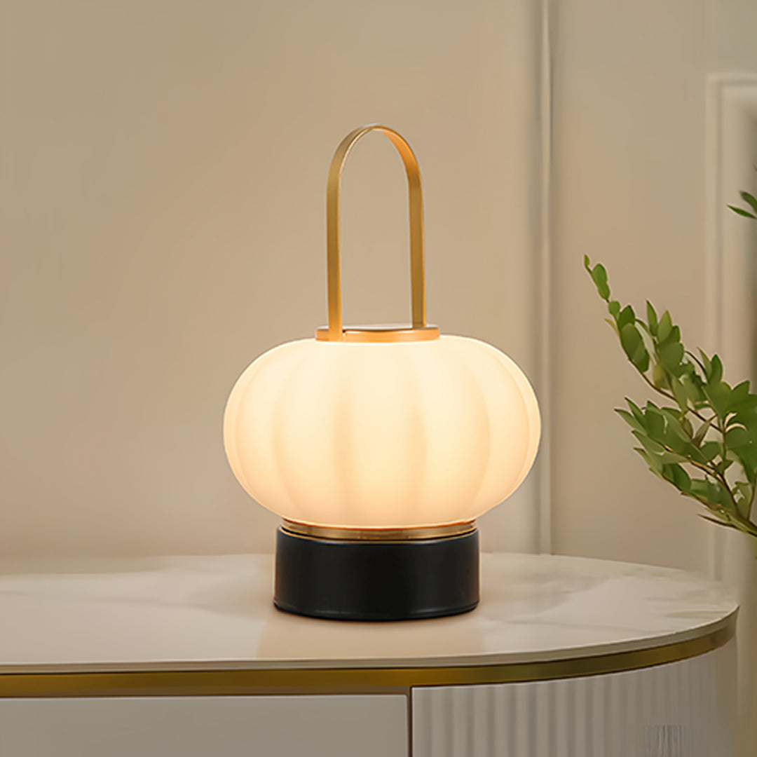 Elegant lantern table lamp on marble surface adding sophisticated lighting to modern interior