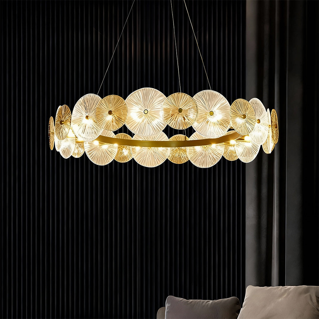 Elegant large glass chandelier in a dark-themed room, stylish and opulent lighting fixture