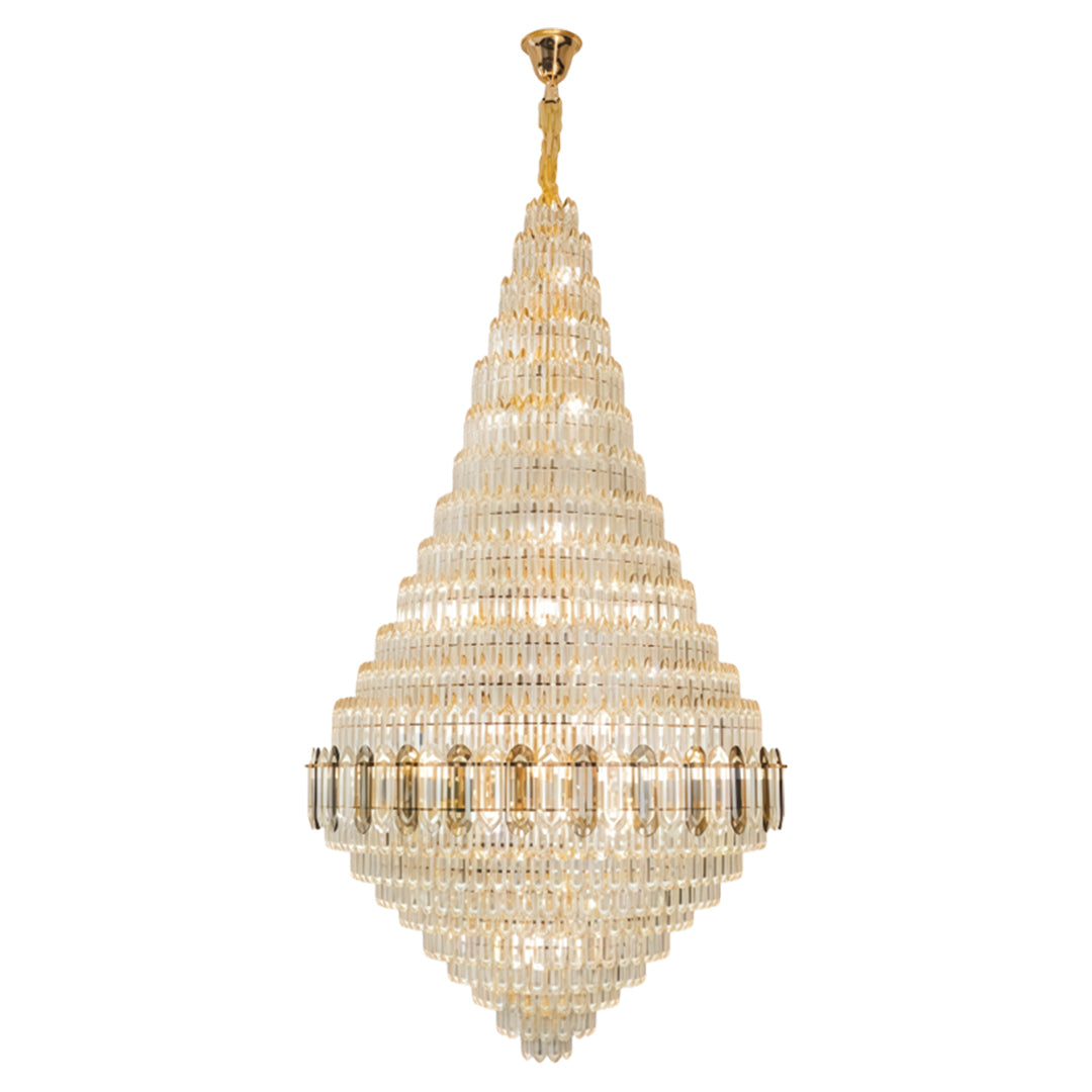 Elegant large gold chandelier featuring tiered diamond design with clear crystal beads and gold finish.