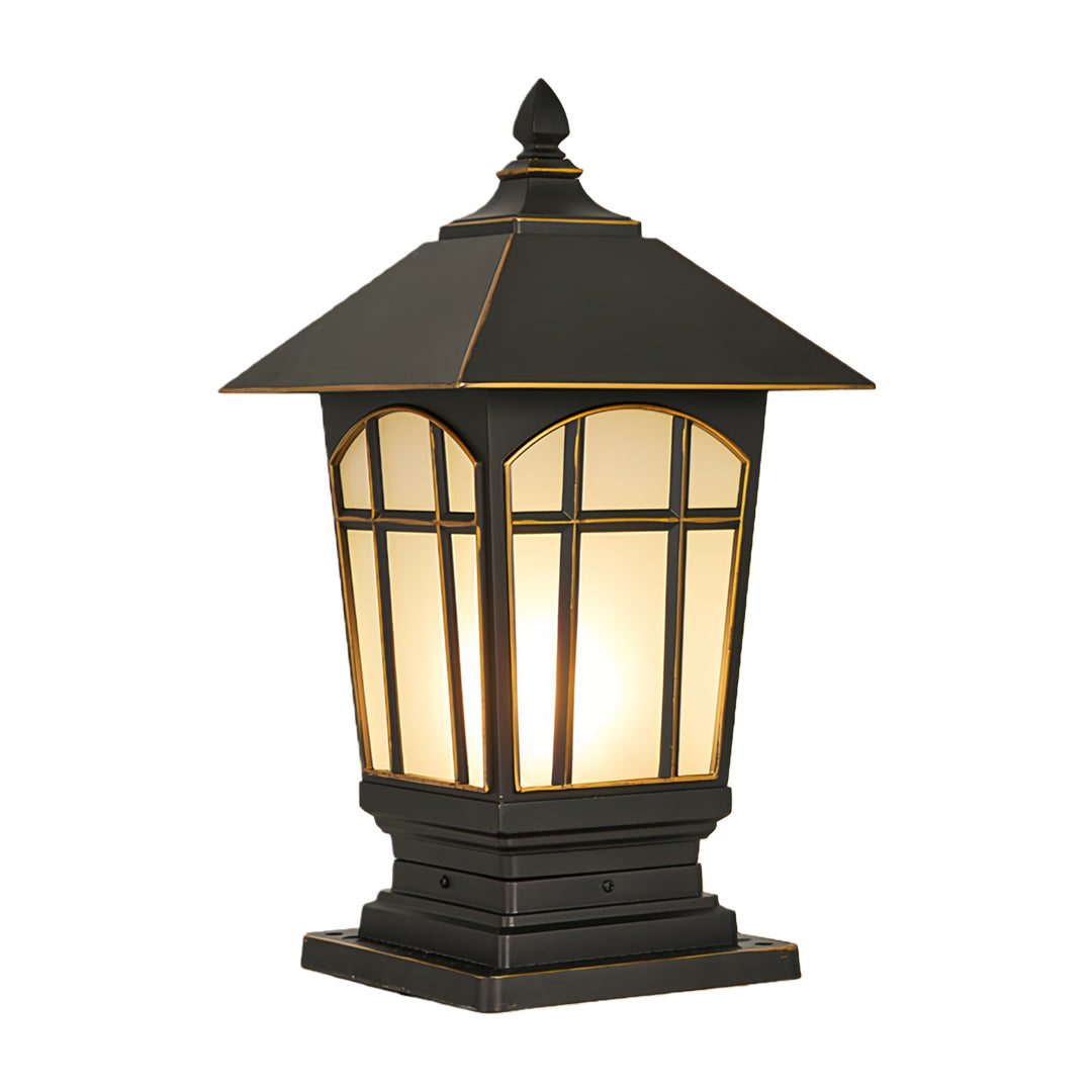 Large outdoor pillar lights with elegant lantern silhouette and bright warm lighting.