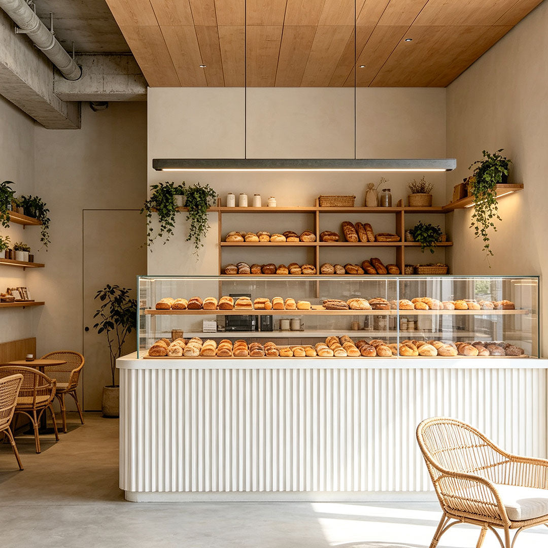 Elegant LED linear suspension light above a modern bakery and café counter.
