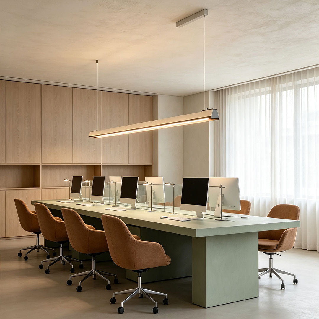Elegant LED linear suspension lighting above a modern meeting room table.