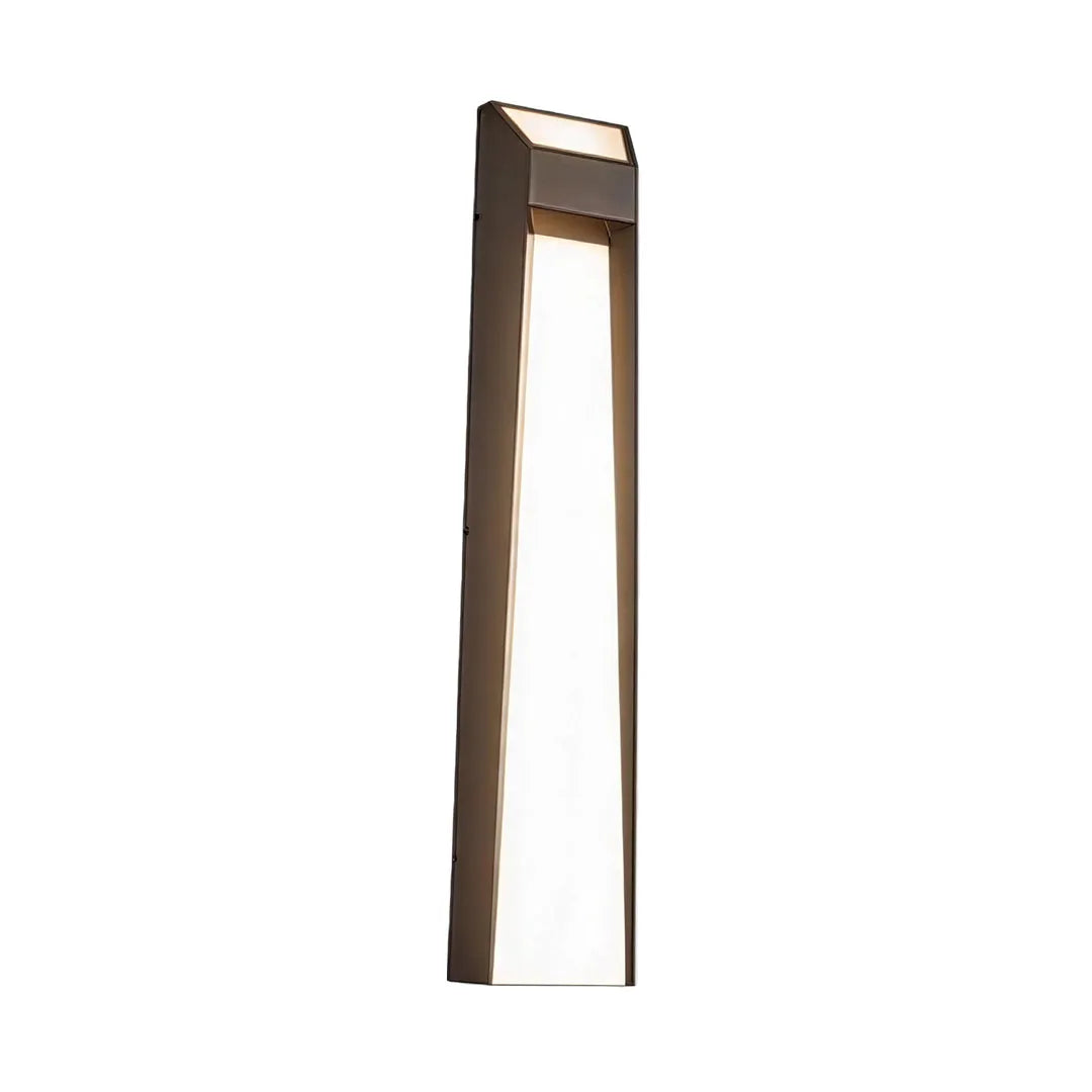 Elegant LED outdoor wall mount lighting with a bronze frame and bright vertical light panel.
