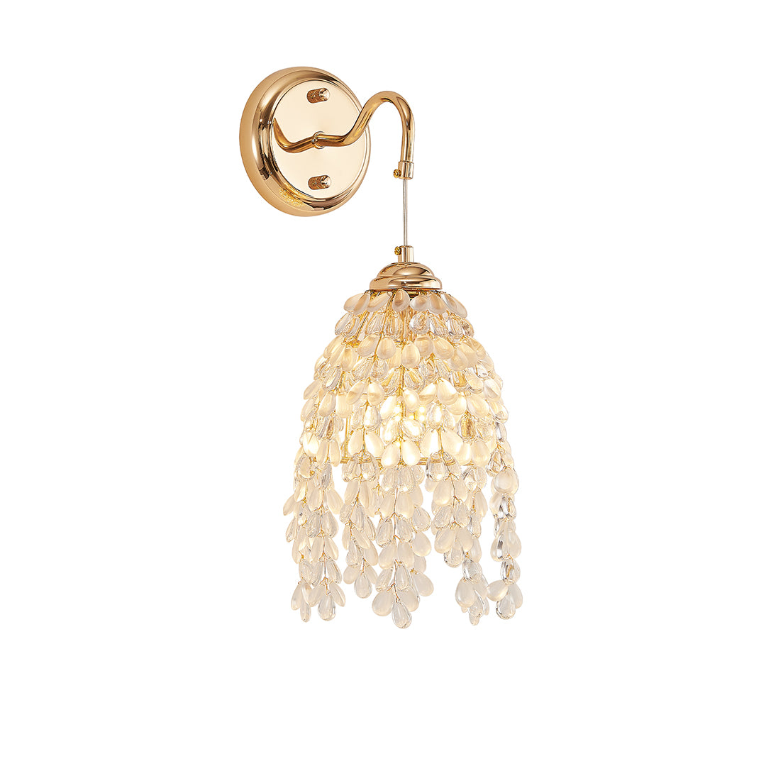 Elegant LED wall light decor with glass shade chandelier aesthetic showcasing polished gold hardware and crystal tassel shade.