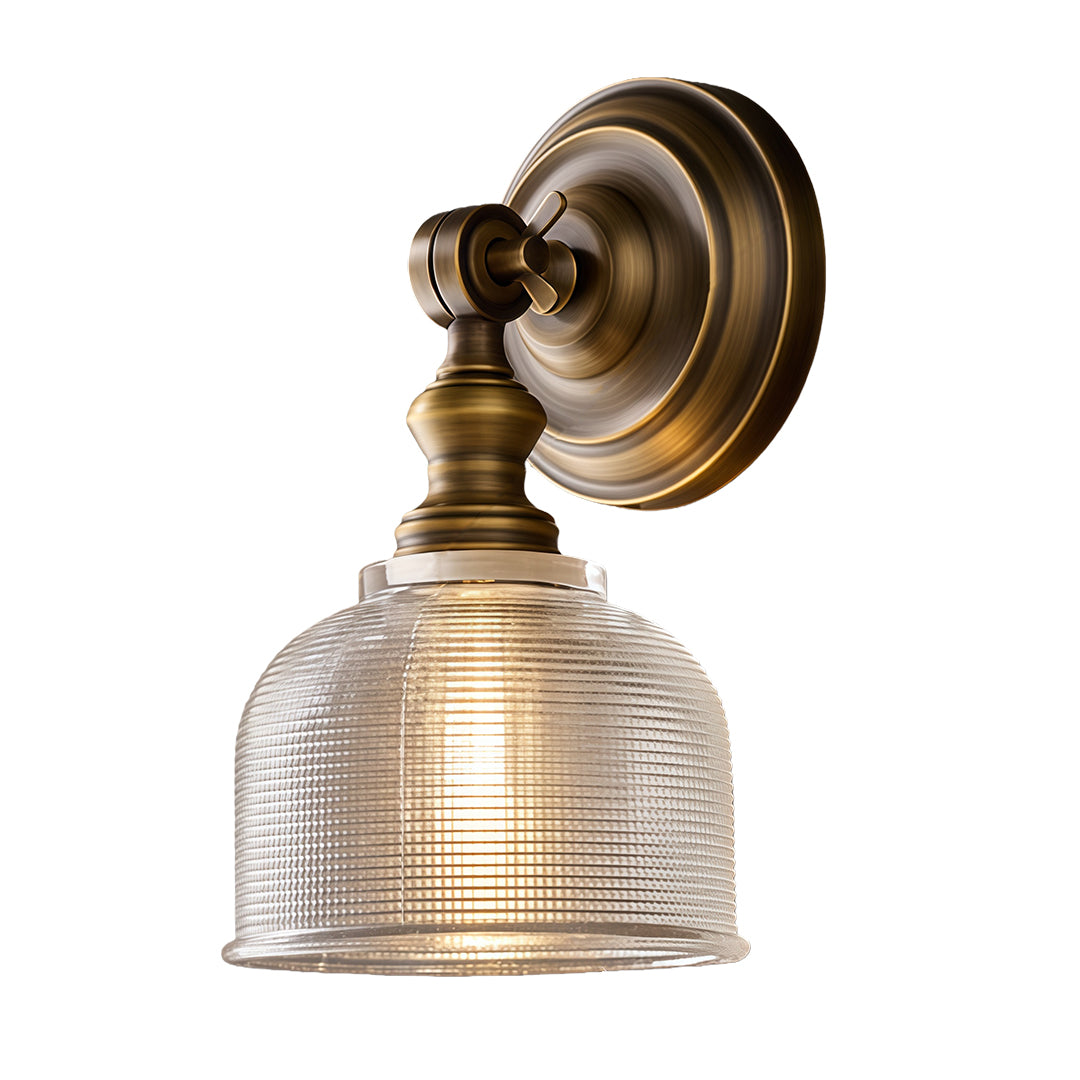 Elegant LED wall light lamp featuring glass shade chandelier design with clear ribbed glass dome and antique brass hardware.