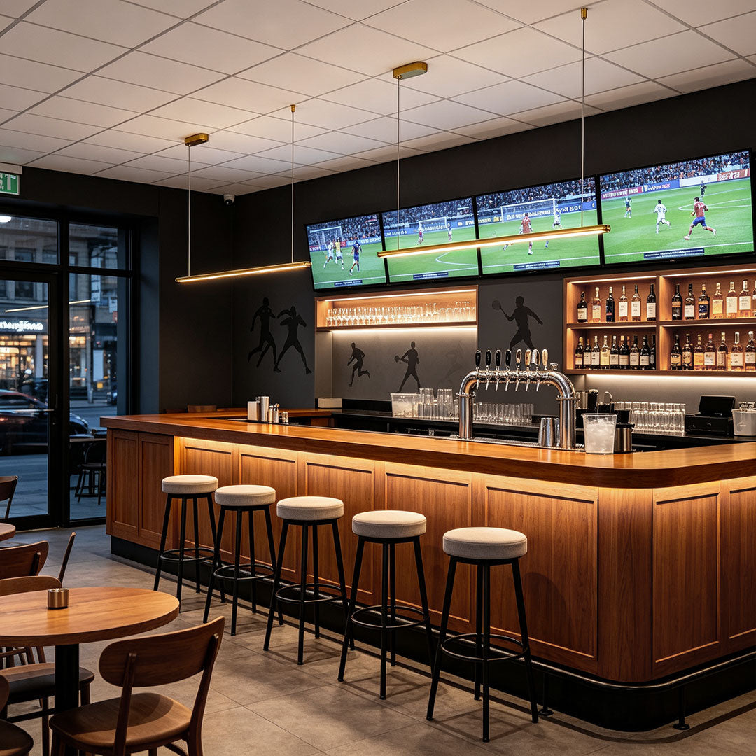 Elegant linear gold pendant light featured above a stylish sports bar counter.