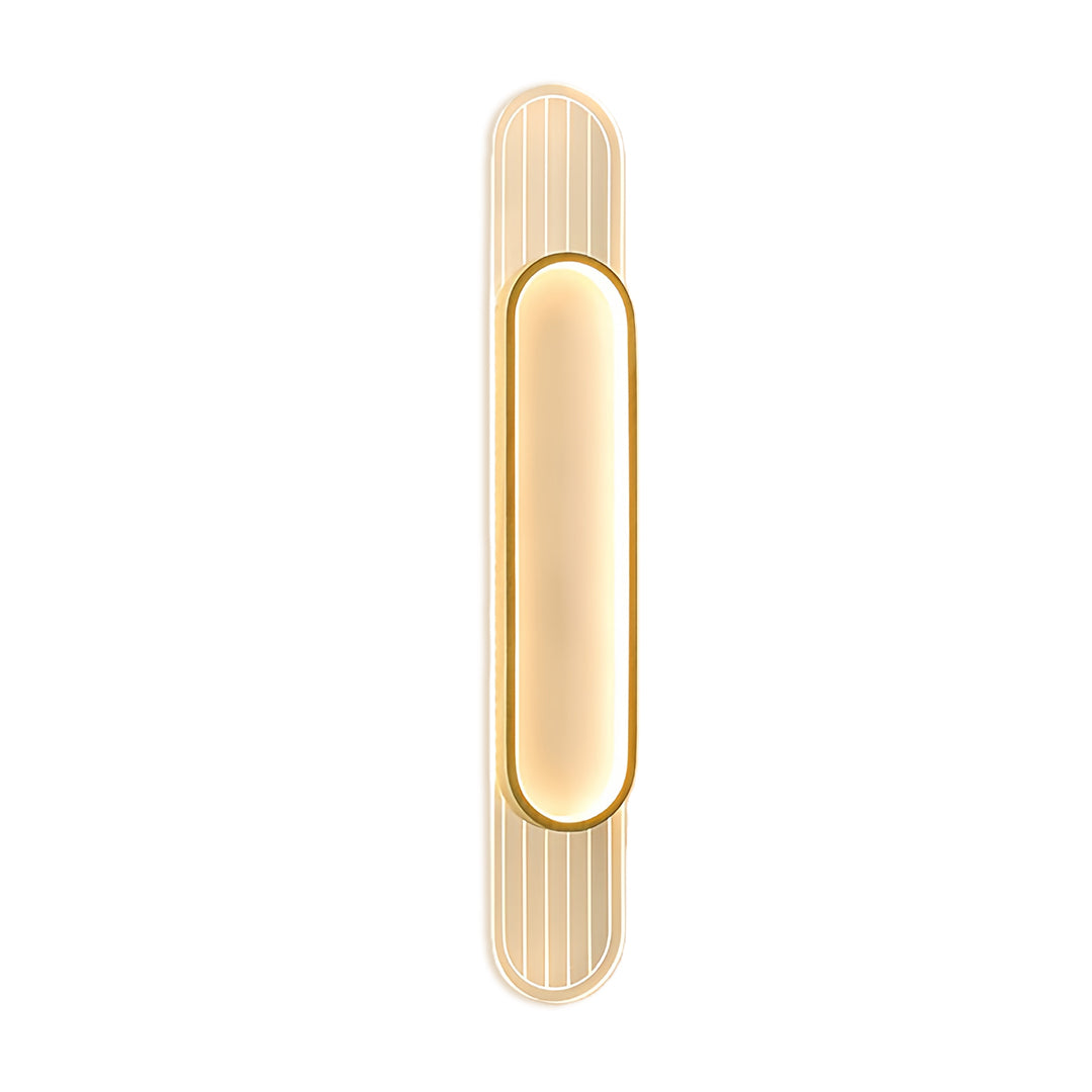 Elegant linear led wall light showcasing oval form with golden metal finish and textured vertical elements