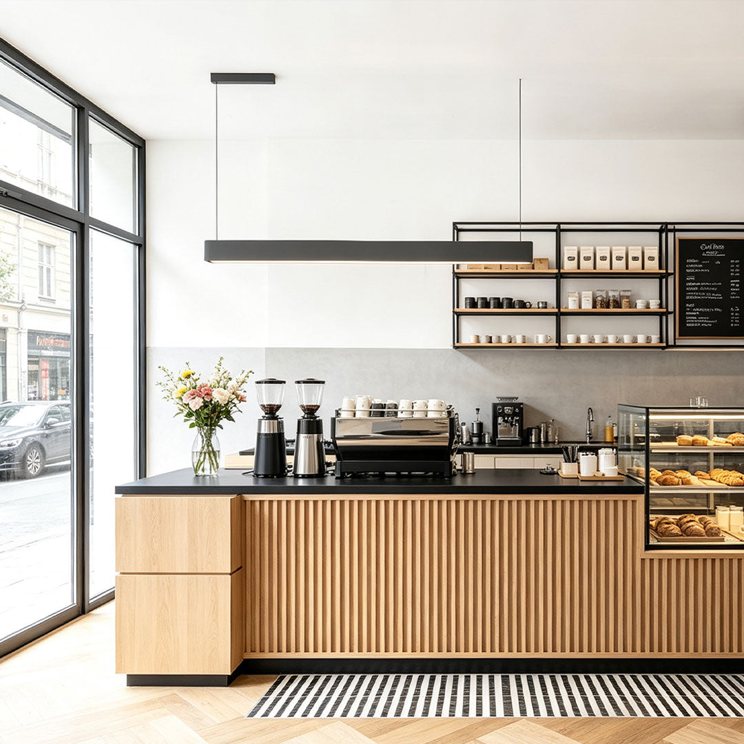 Elegant linear pendant light fixtures enhancing a modern coffee shop interior.