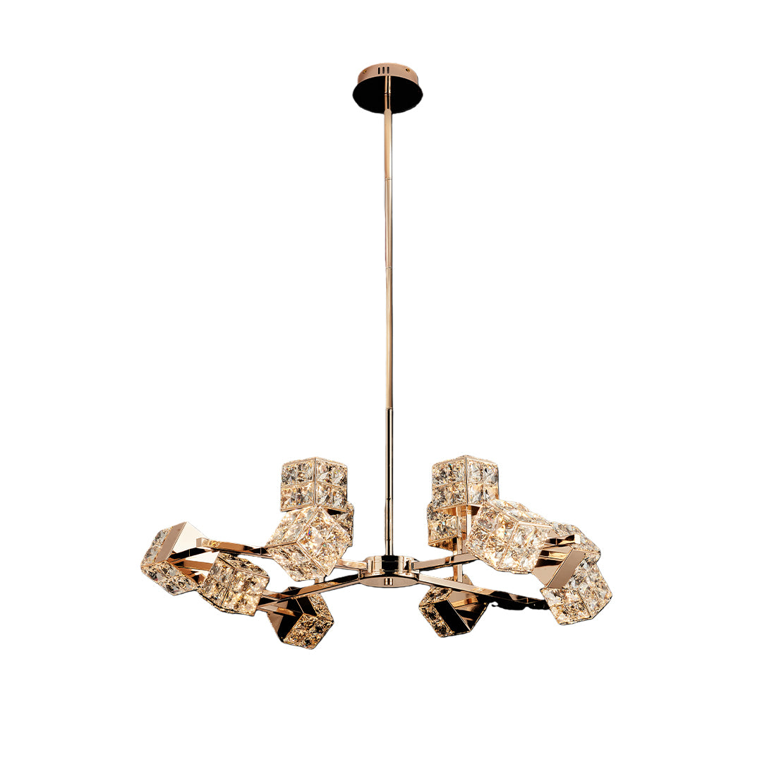 Elegant luxury chandeliers crystal with glass shade chandelier design in asymmetrical formation with textured crystal elements.