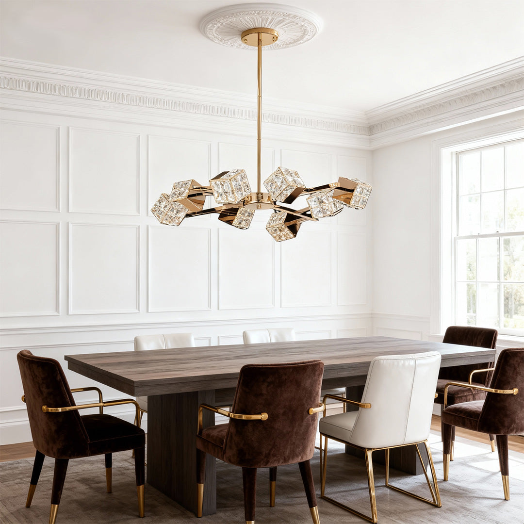 Elegant luxury chandeliers crystal featuring glass shade chandelier design as centerpiece in formal dining room with upholstered chairs.