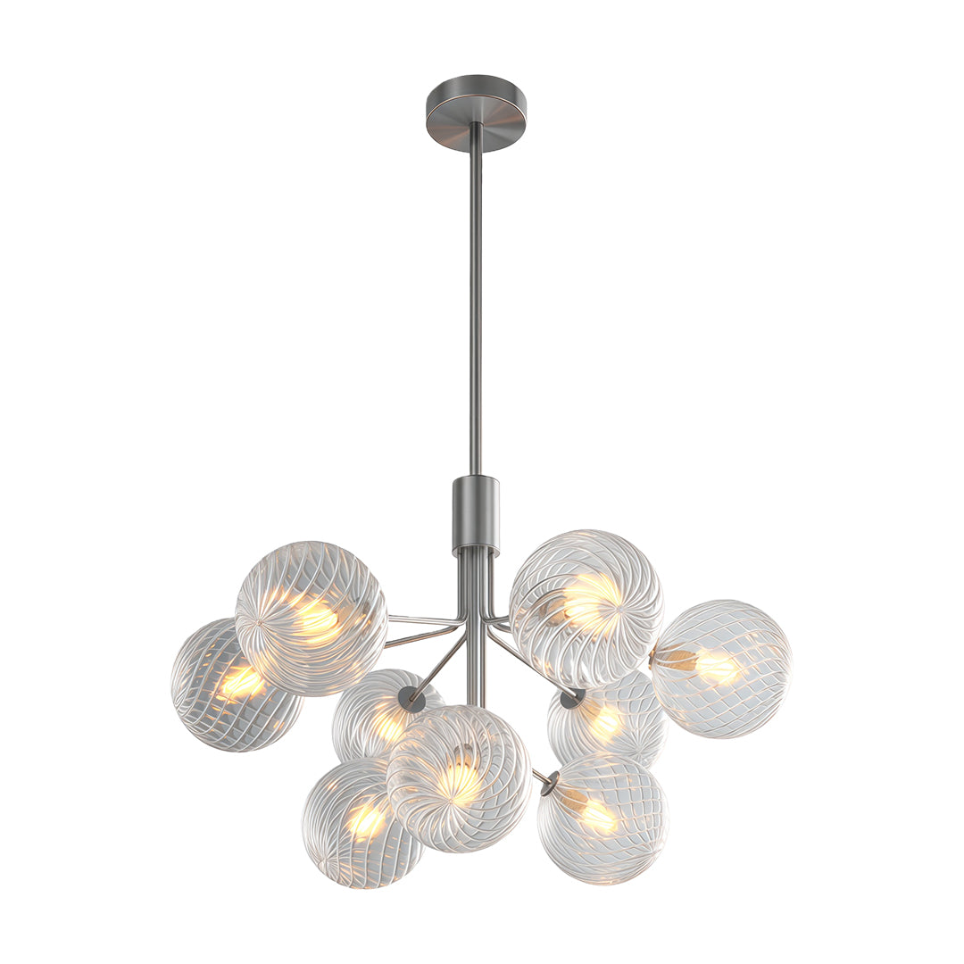Elegant luxury modern chandeliers with glass shade chandelier styling in brushed nickel finish with ribbed glass globe arrangement.