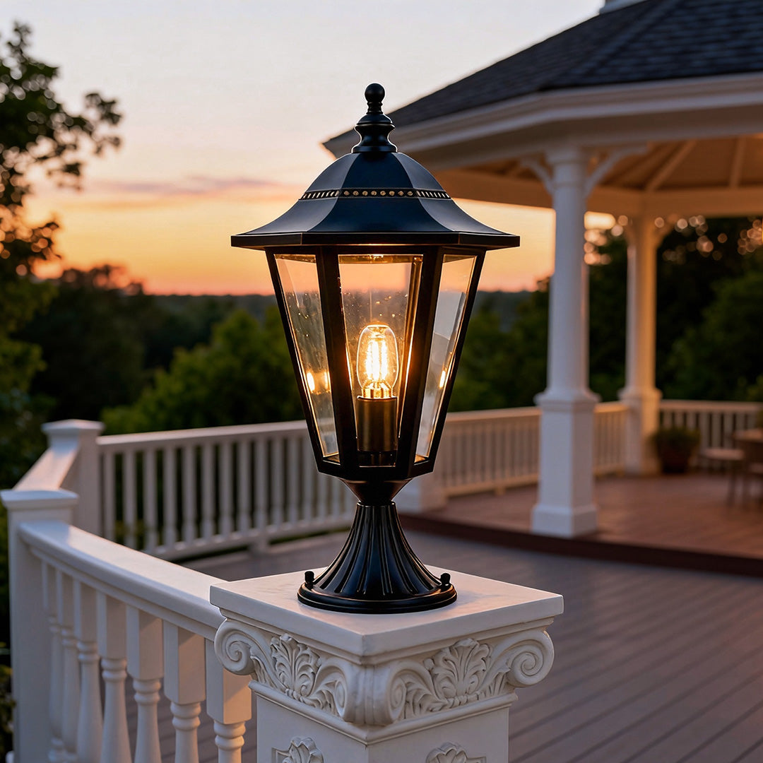 Elegant main gate pillar light mounted on a brick pillar, enhancing the curb appeal of a house.